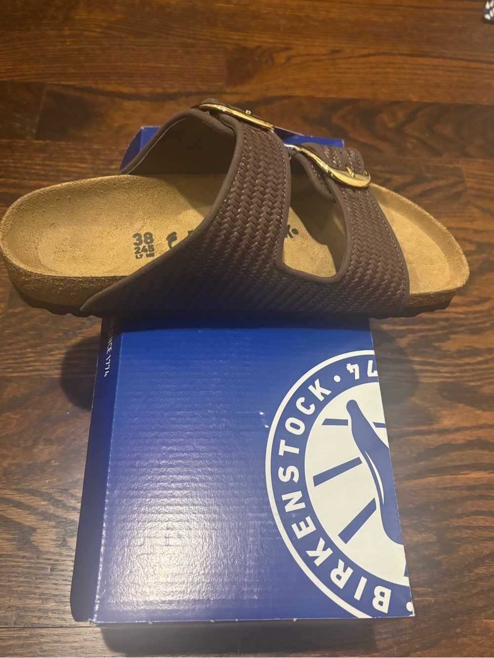 Birkenstock Women’s Brown Double Buckle Sandals with Gold Buckles - Picture 3 of 7